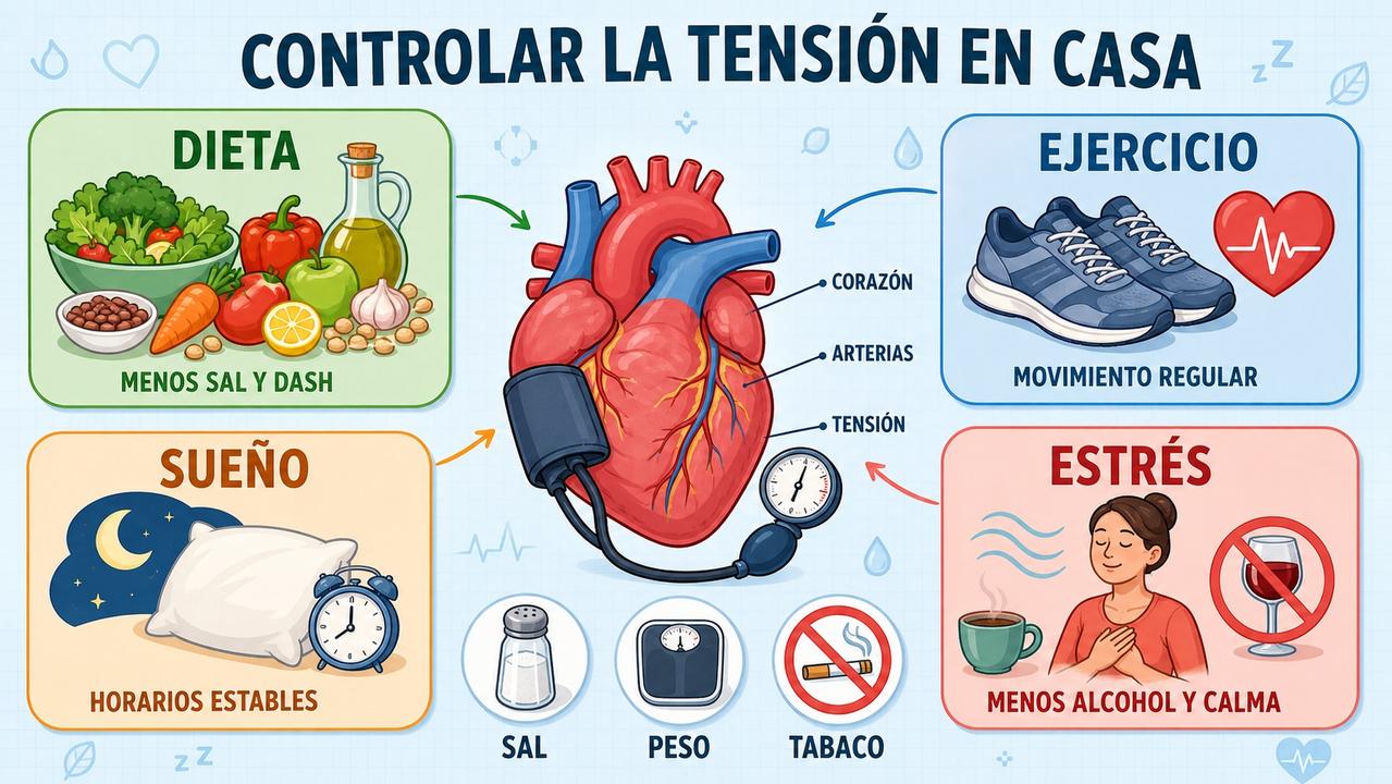Dieta, ejercicio, sueño y control del estrés sostienen una tensión más estable.