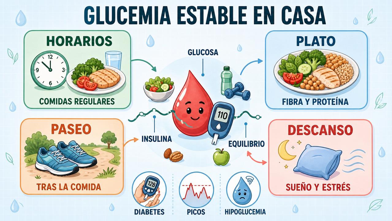 Horarios, plato equilibrado, paseo y descanso favorecen un mejor control glucémico.