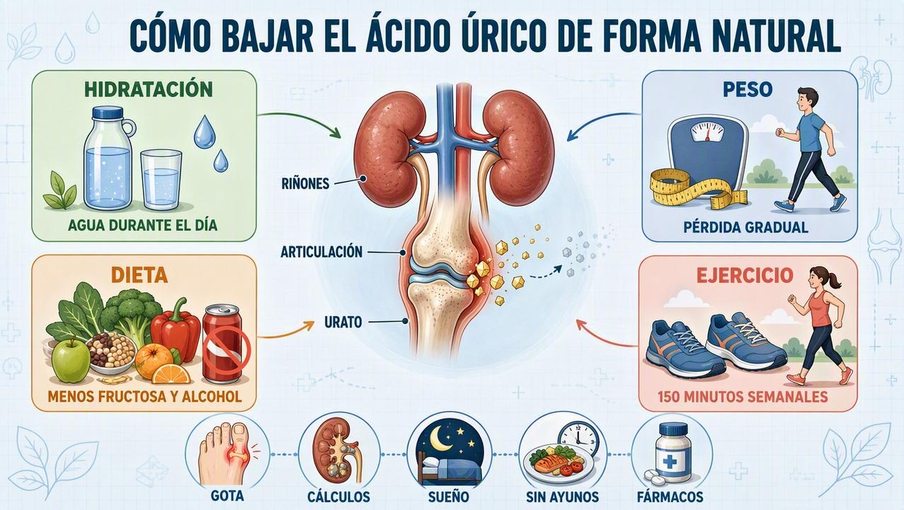 Cuatro hábitos clave protegen articulaciones y riñones frente al urato elevado.