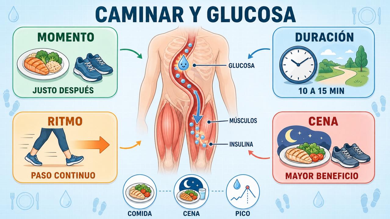 Momento, duración, ritmo y cena influyen en la glucosa posprandial.