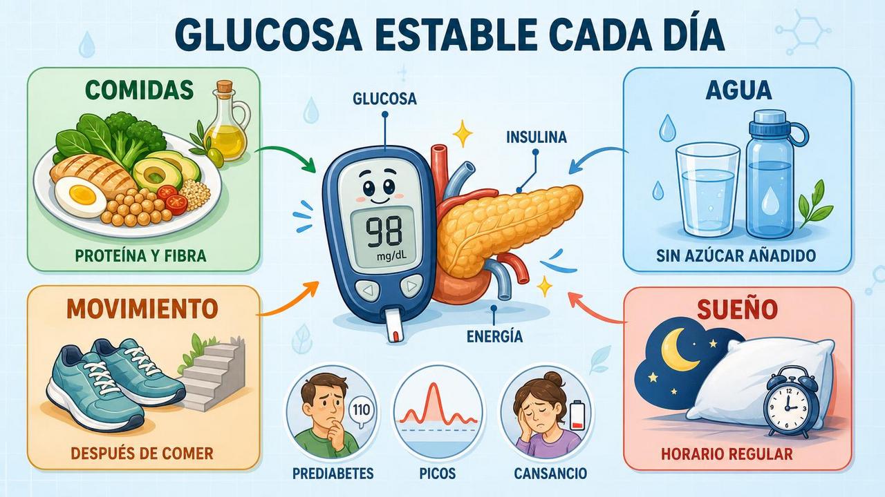 Comidas, agua, movimiento y sueño sostienen una glucosa más estable.
