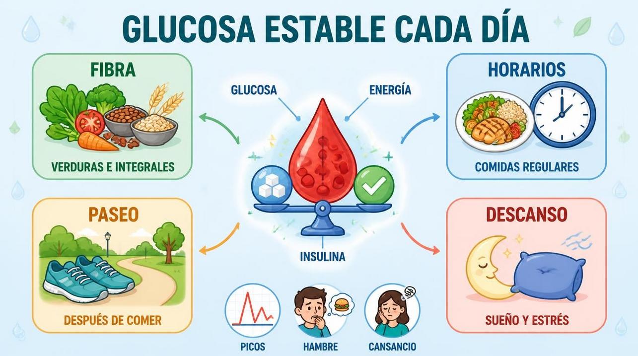 Fibra, horarios, paseo y descanso favorecen una glucosa más estable.