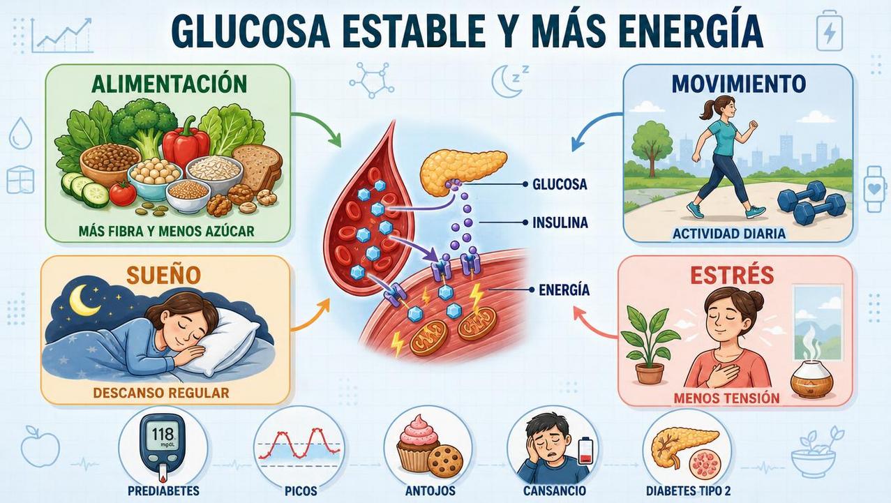 Alimentación, movimiento, sueño y estrés: claves para controlar la glucosa.