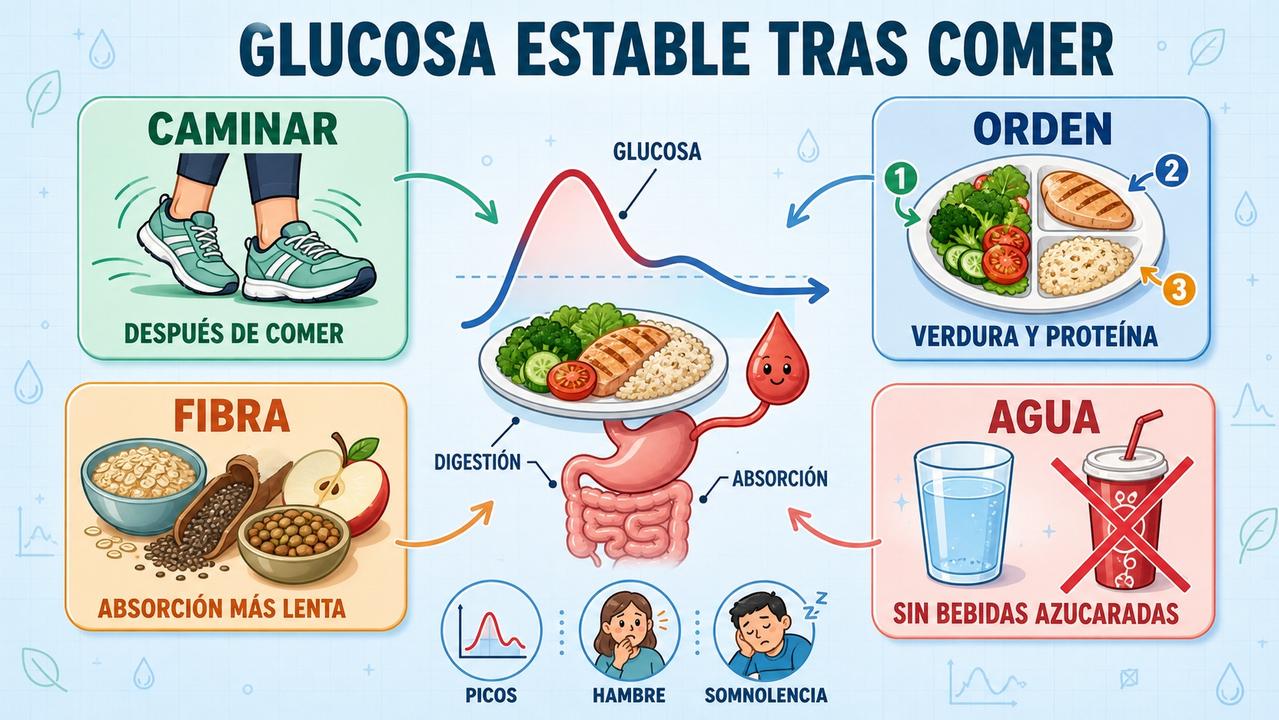 Caminar, ordenar el plato, fibra y agua frenan subidas bruscas.