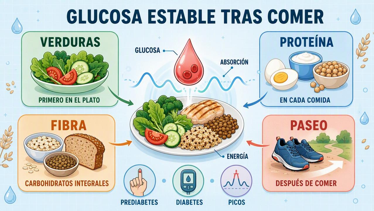 Verduras, proteína, fibra y paseo corto favorecen una glucosa más estable.