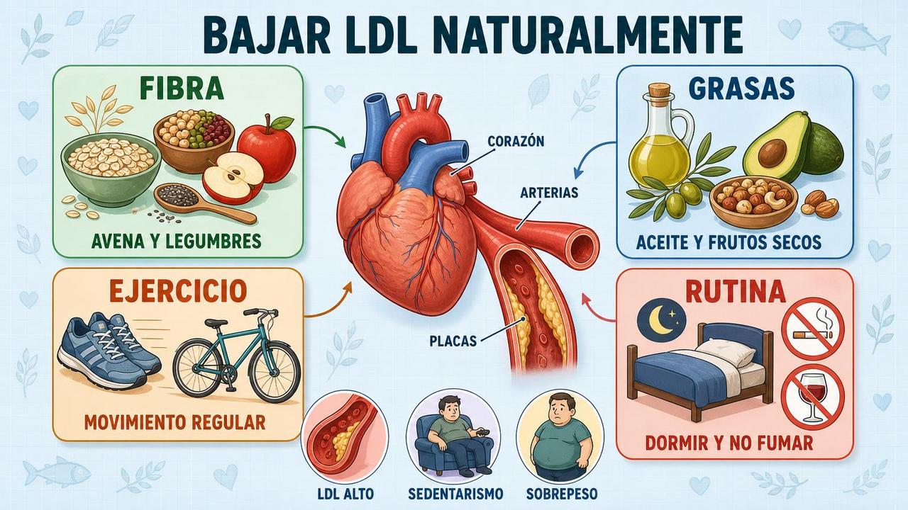 Fibra, grasas saludables, ejercicio y rutina estable protegen corazón y arterias.