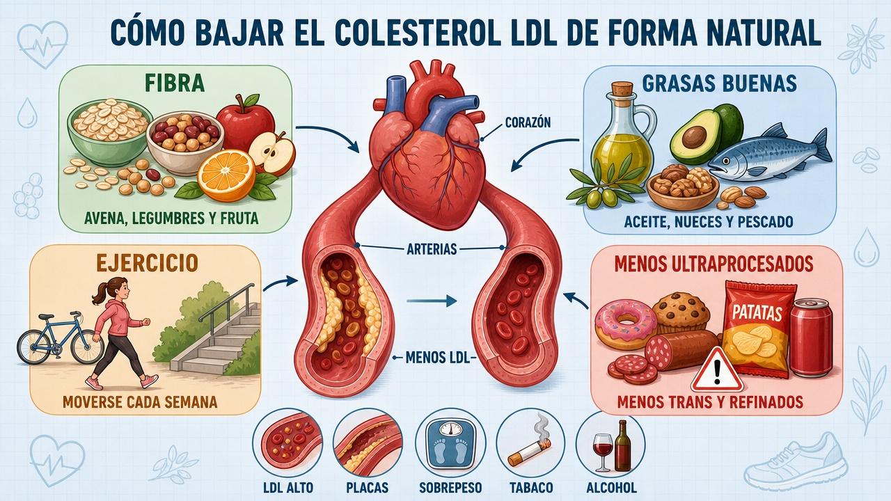 Fibra, grasas saludables, ejercicio y menos ultraprocesados protegen corazón y arterias.