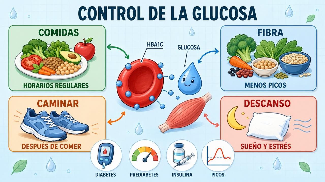 Comidas regulares, fibra, movimiento y descanso favorecen una HbA1c más estable.
