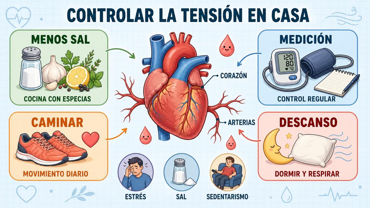 Menos sal, medición, caminar y descanso sostienen un mejor control tensional.