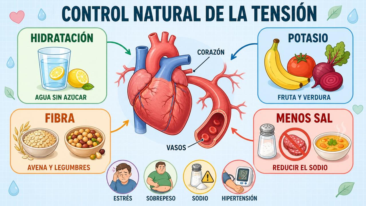 Hidratación, potasio, fibra y menos sodio sostienen una presión arterial más estable.