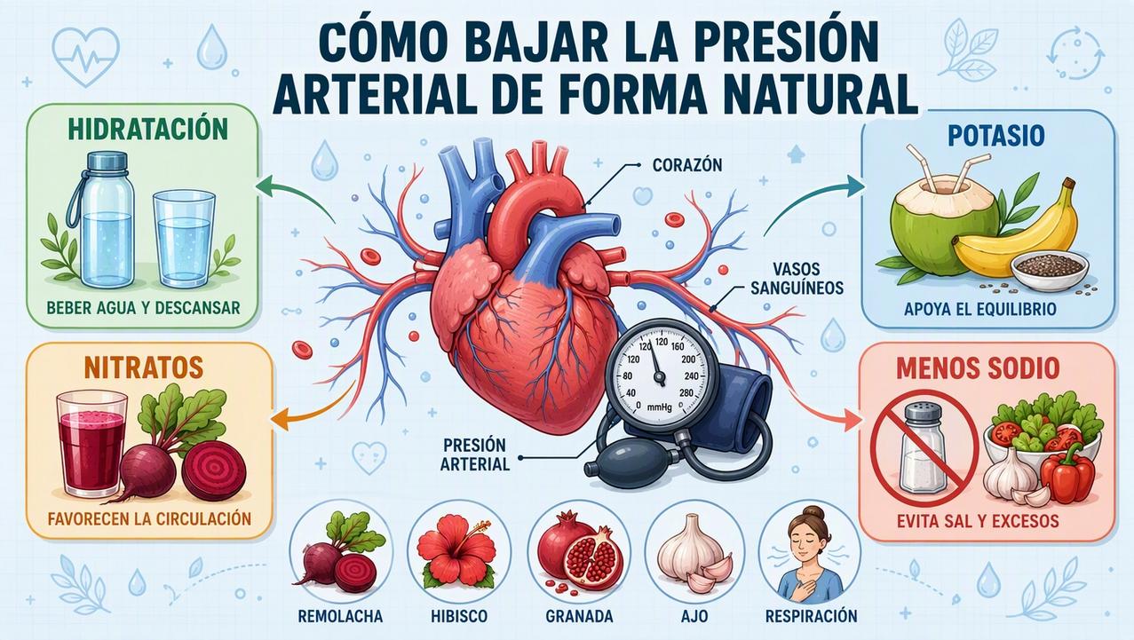Hidratación, potasio, nitratos y menos sodio como apoyos frente a la hipertensión.