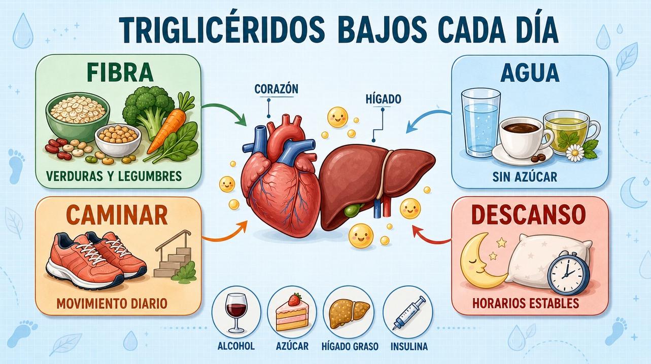Fibra, hidratación, movimiento y descanso apoyan corazón, hígado y metabolismo.