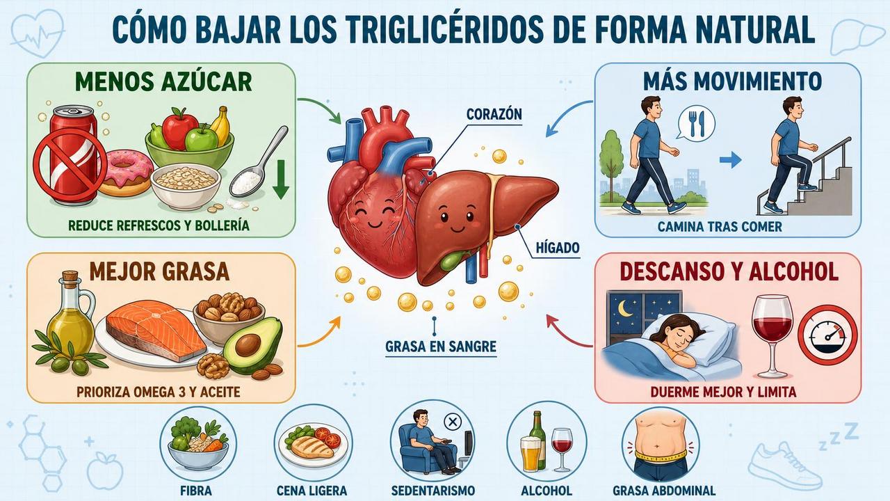 Azúcar, movimiento, grasas saludables y descanso: pilares para controlar triglicéridos.
