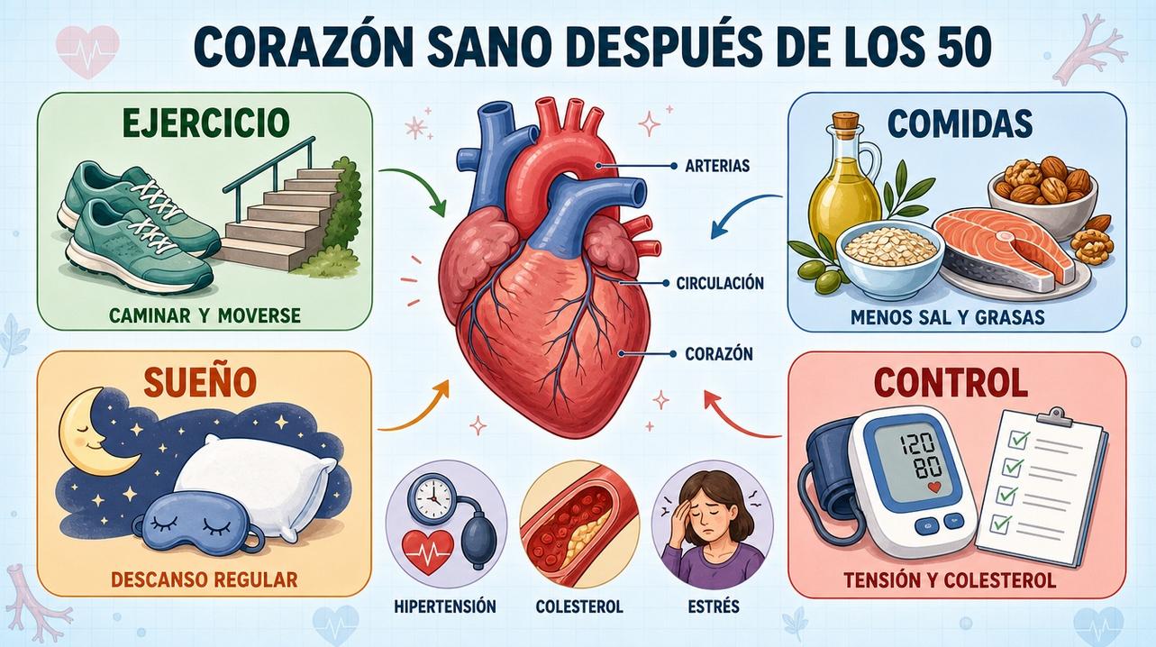 Ejercicio, comidas, sueño y control sostienen la salud cardiovascular diaria.