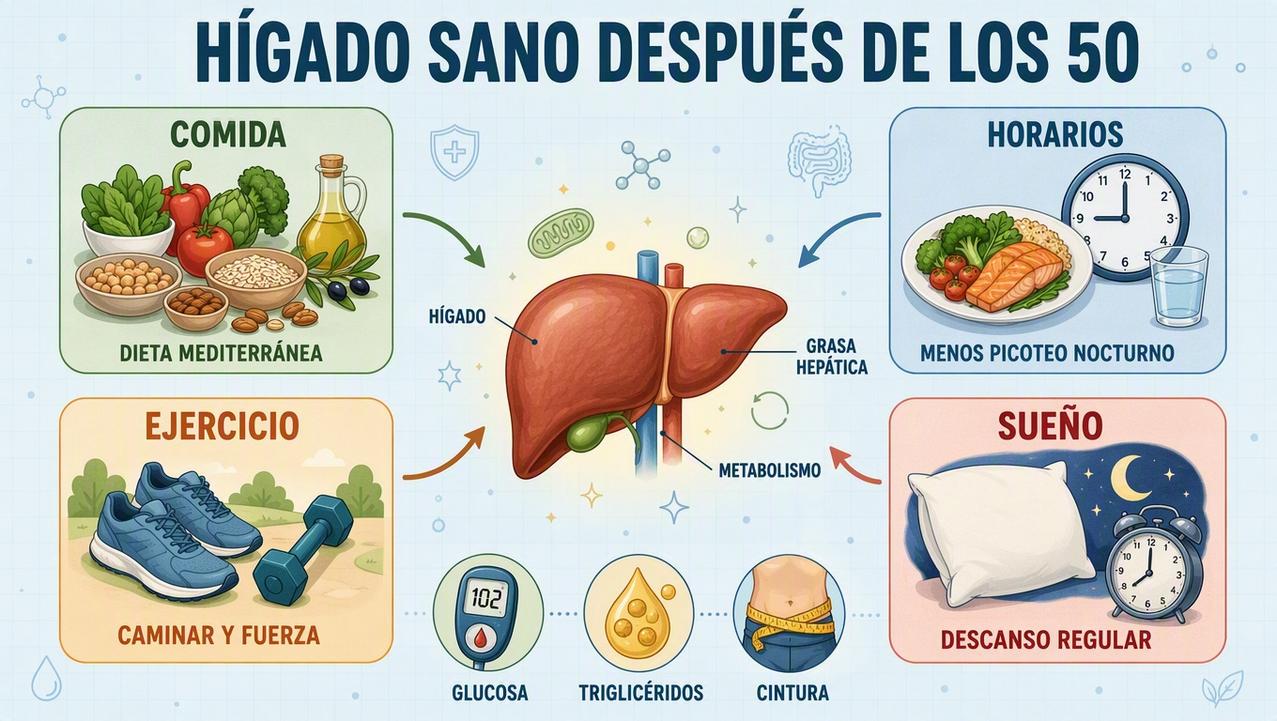 Alimentación, horarios, ejercicio y sueño sostienen la salud hepática y metabólica.
