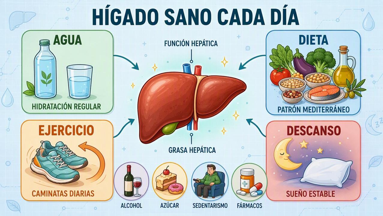 Hidratación, dieta, ejercicio y descanso sostienen la salud hepática.