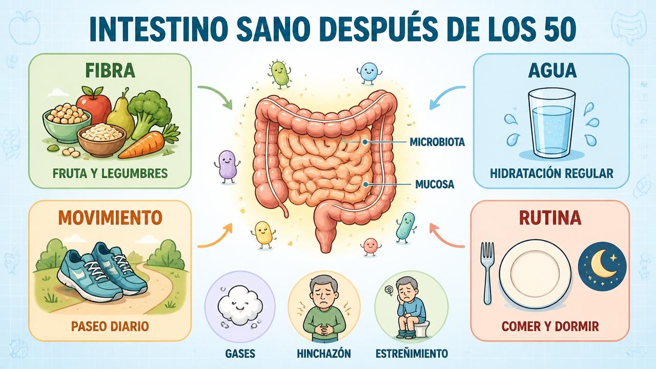 Fibra, hidratación, movimiento y rutina sostienen la salud intestinal después de los 50.