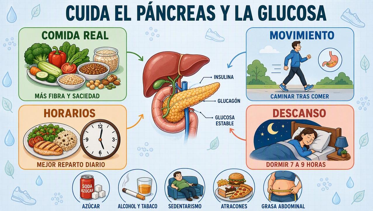 Fibra, movimiento, horarios y descanso sostienen una glucosa más estable.