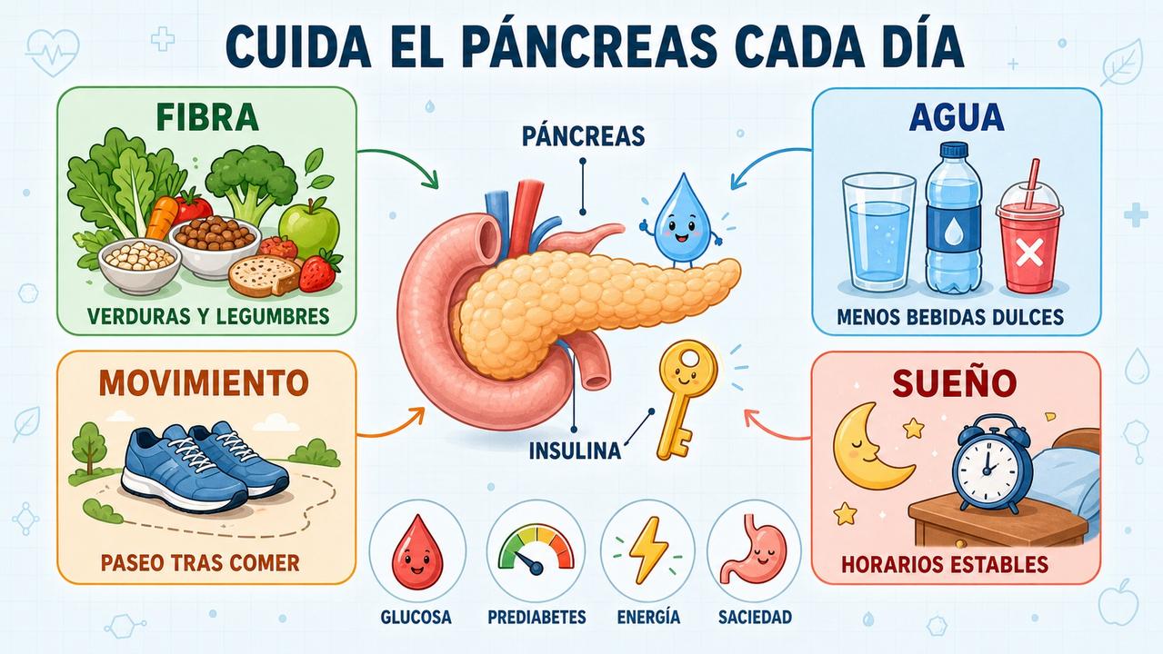 Fibra, agua, movimiento y sueño sostienen el equilibrio glucémico diario.