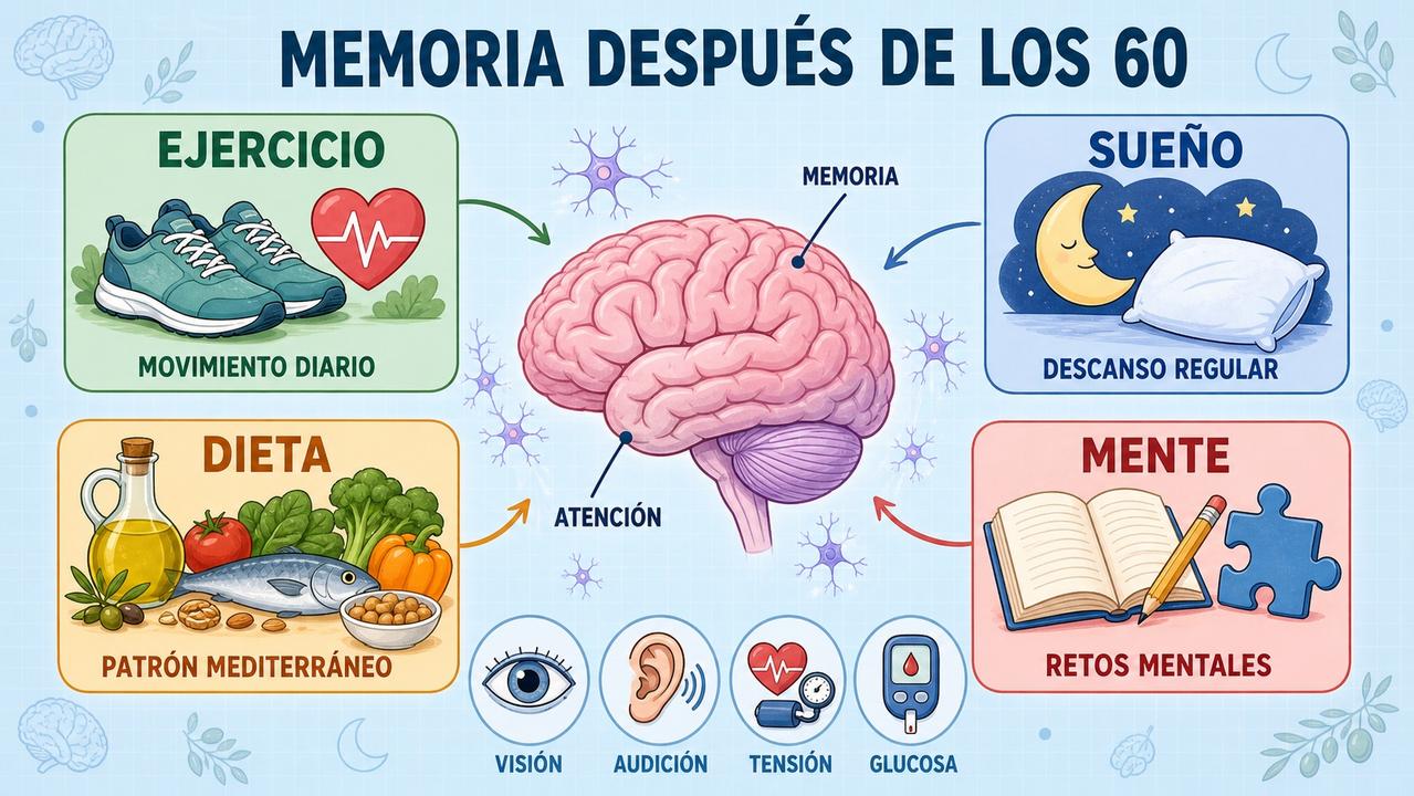 Ejercicio, sueño, dieta y retos mentales sostienen la salud cerebral diaria.