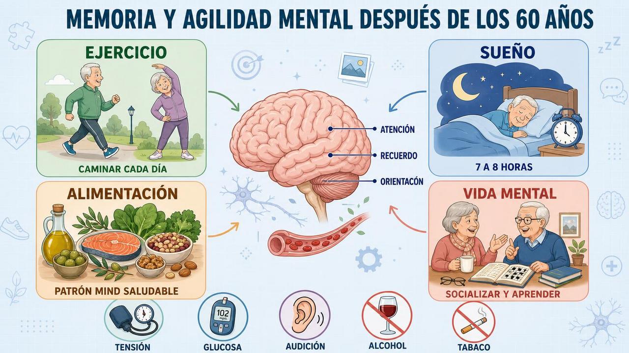 Ejercicio, sueño, alimentación y vida mental sostienen la memoria después de los 60.