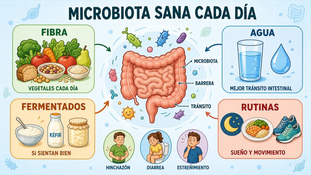 Fibra, agua, fermentados y rutinas sostienen la digestión y las defensas.