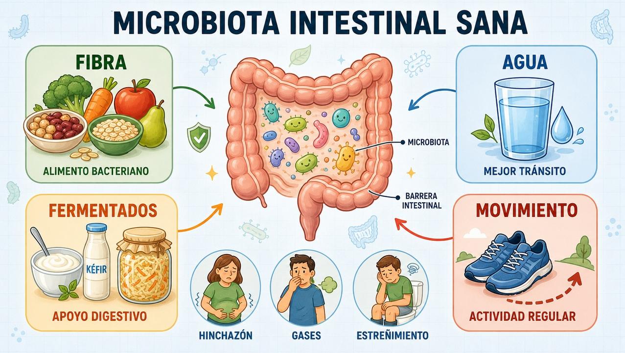 Fibra, agua, fermentados y movimiento sostienen la salud diaria de la microbiota.
