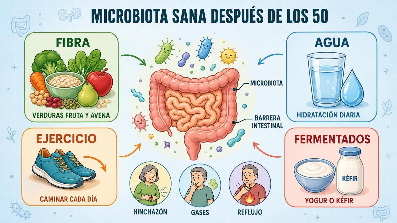 Fibra, agua, ejercicio y fermentados sostienen el equilibrio intestinal con la edad.