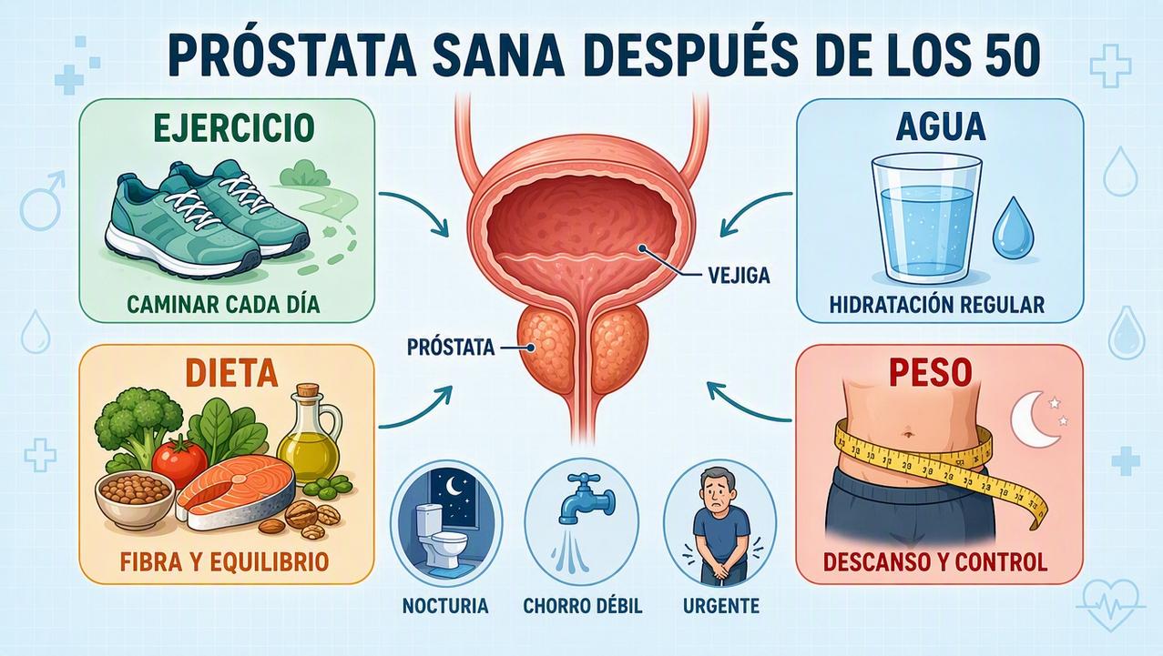 Ejercicio, hidratación, dieta y control del peso sostienen la salud prostática.