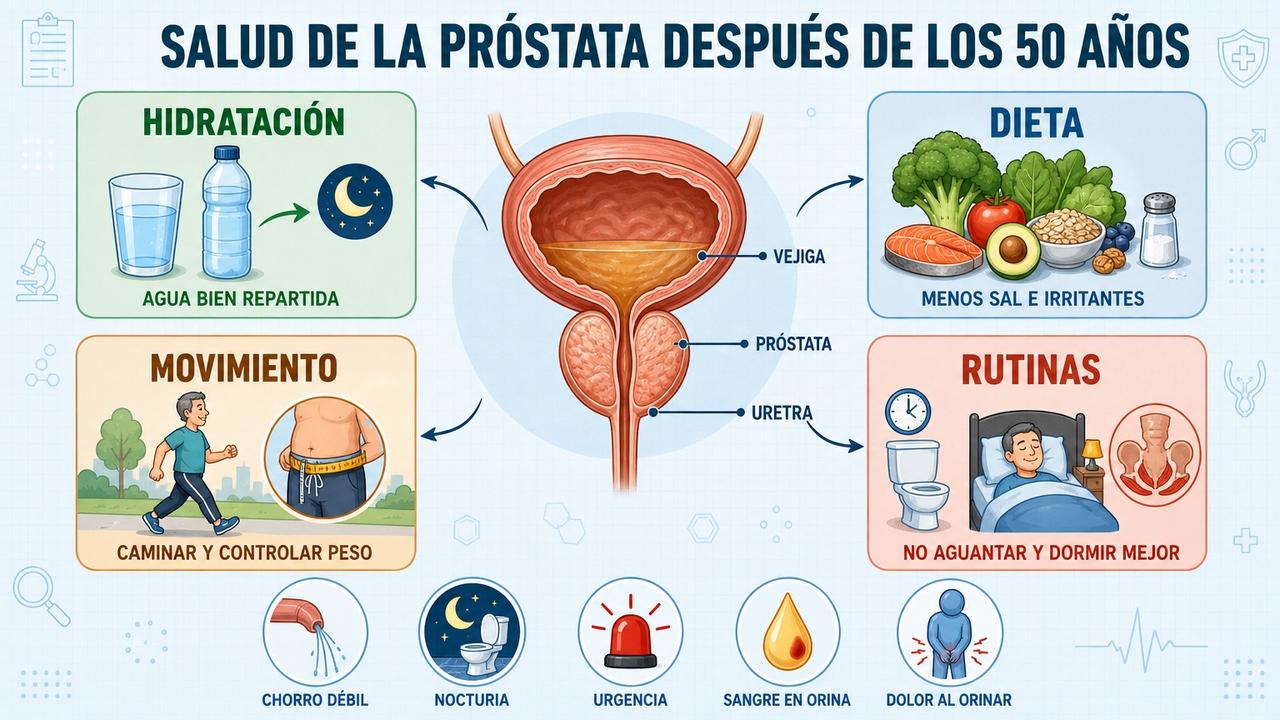 Hidratación, dieta, movimiento y rutinas sostienen la salud prostática.