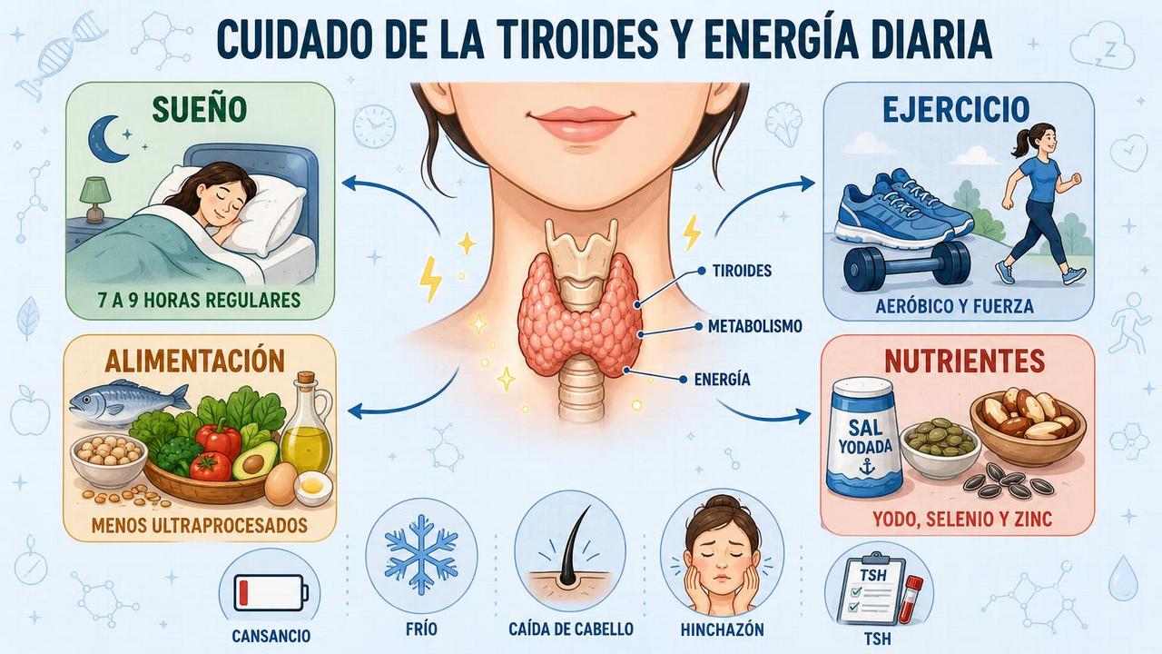 Sueño, ejercicio, alimentación y nutrientes clave para cuidar la tiroides.