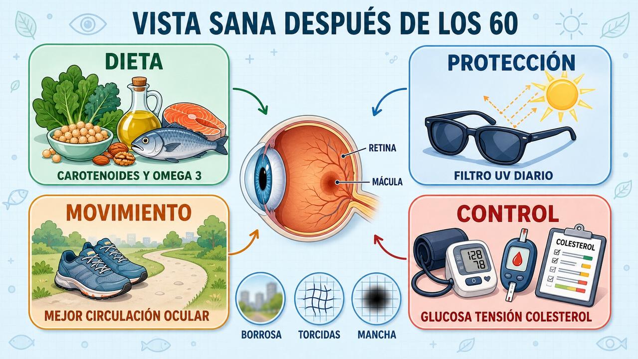 Dieta, filtro UV, movimiento y control metabólico ayudan a cuidar la vista.