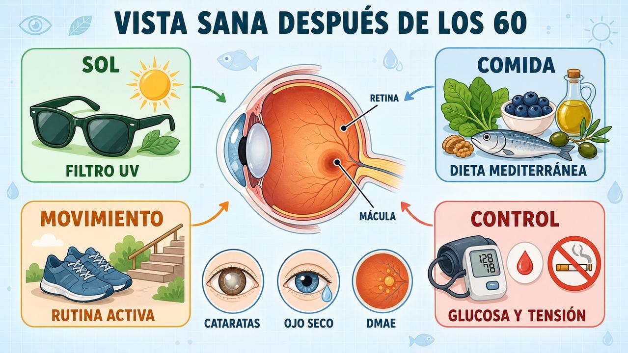 Sol, alimentación, movimiento y control metabólico sostienen la salud visual.