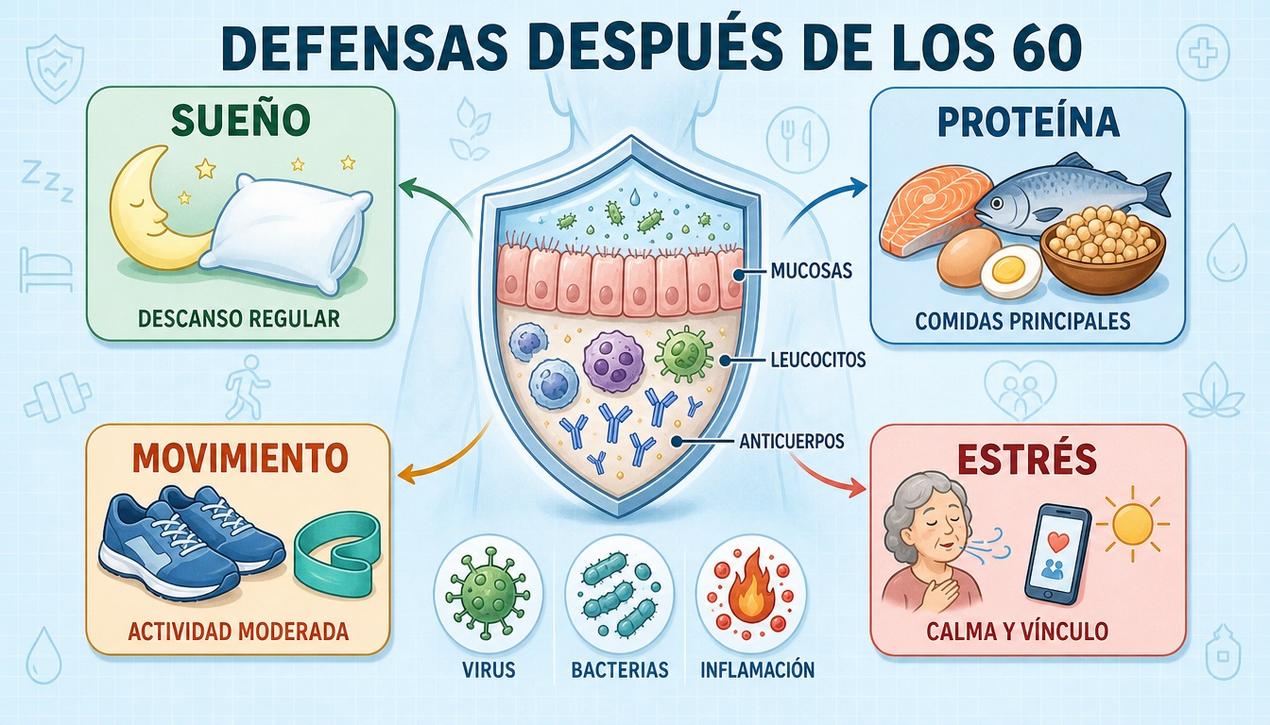 Sueño, proteína, movimiento y manejo del estrés sostienen la inmunidad después de los 60.