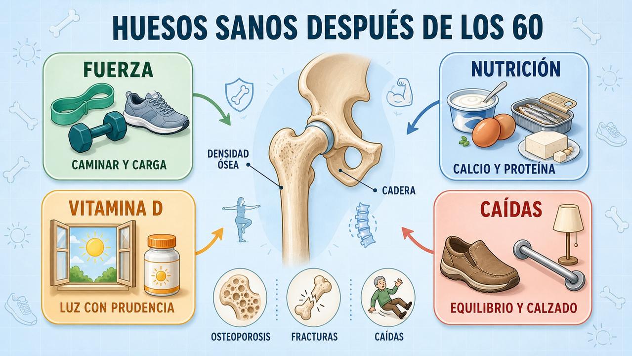 Fuerza, nutrición, vitamina D y prevención de caídas sostienen la salud ósea.