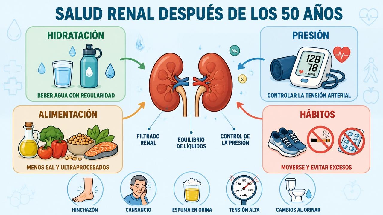 Hidratación, presión, alimentación y hábitos saludables sostienen la función renal.