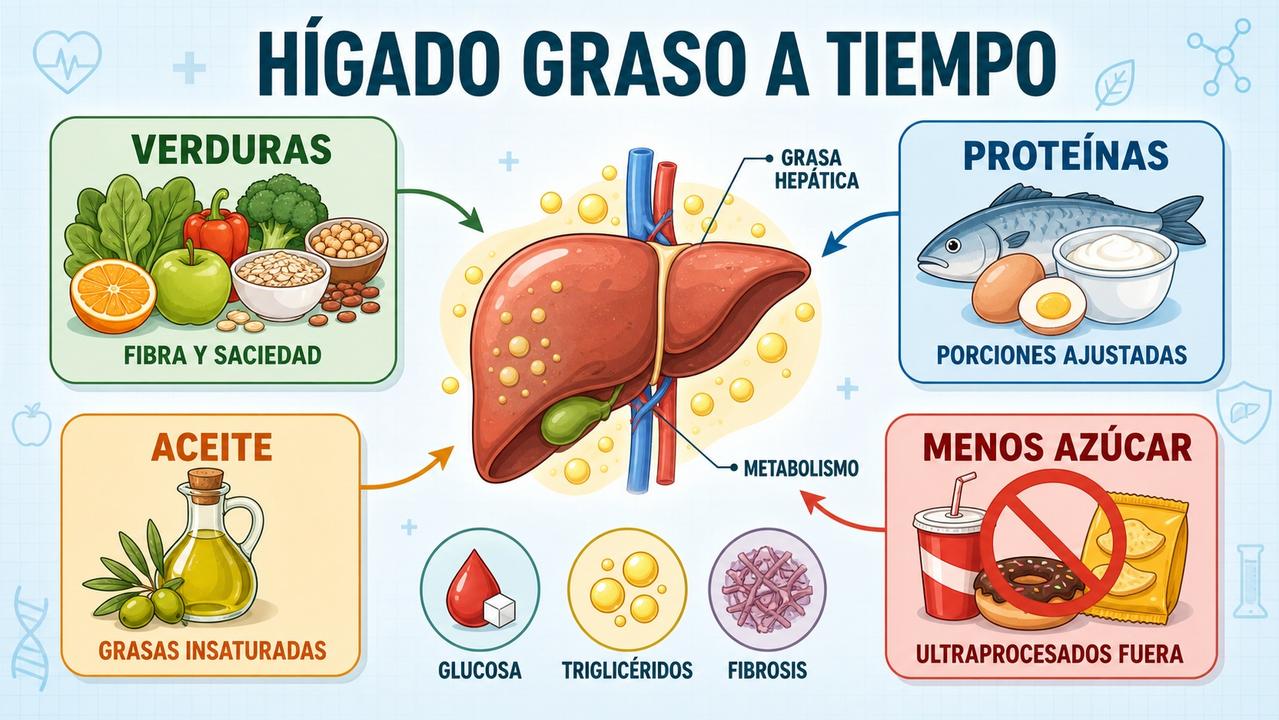 Verduras, proteínas, aceite de oliva y menos azúcar apoyan la salud hepática.