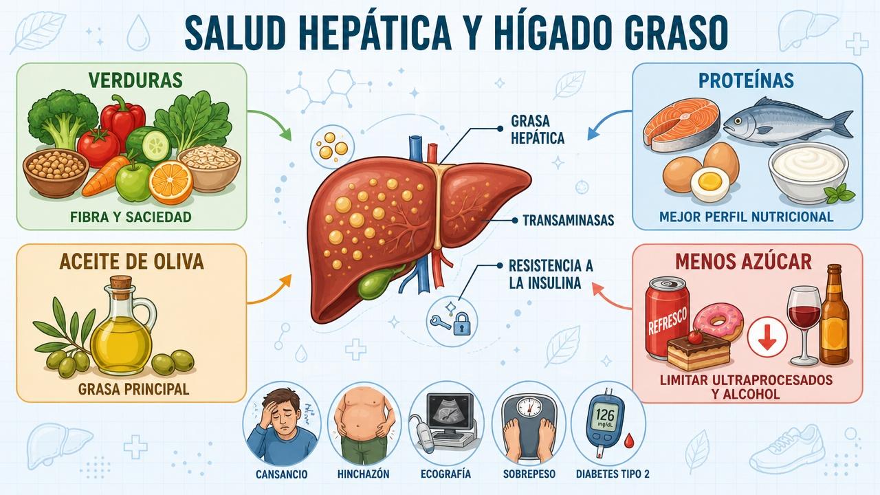 Cuatro pilares alimentarios para reducir grasa hepática y mejorar marcadores metabólicos.