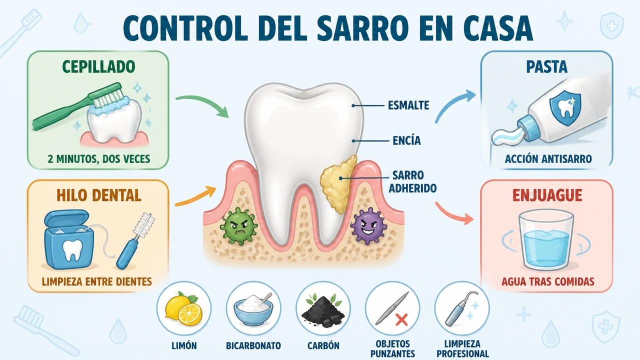 Cepillado, pasta adecuada, hilo dental y enjuague apoyan el control del sarro.