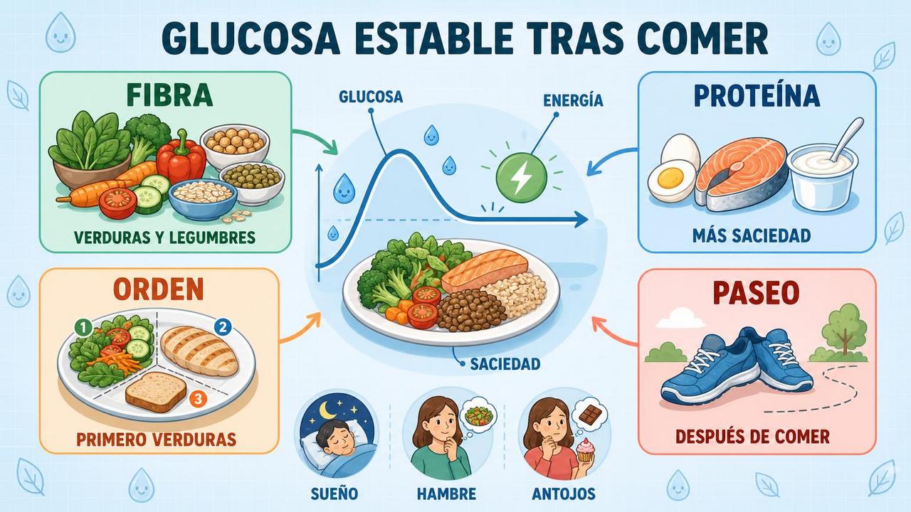 Fibra, proteína, orden del plato y paseo favorecen una energía estable.