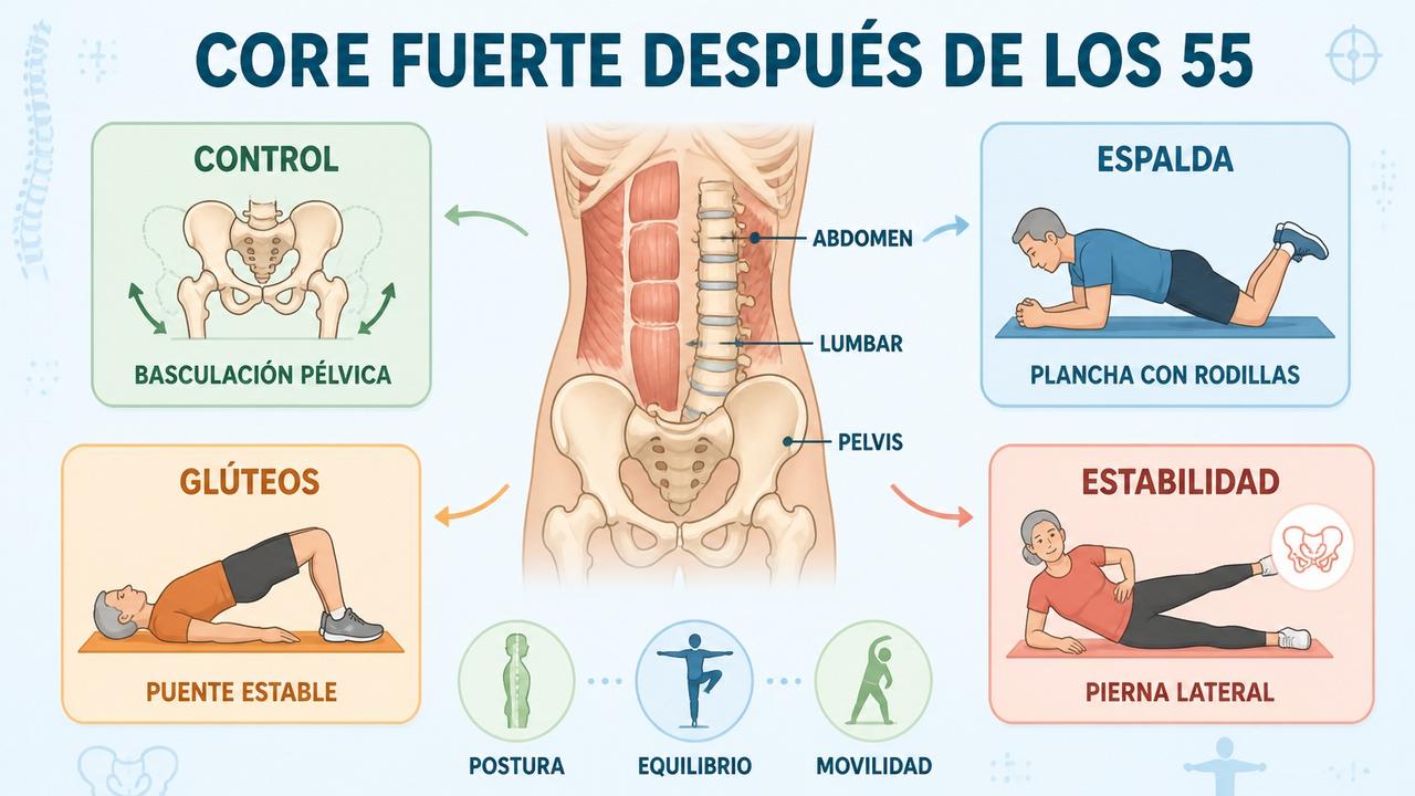 Control, espalda, glúteos y estabilidad sostienen una rutina lumbar segura.