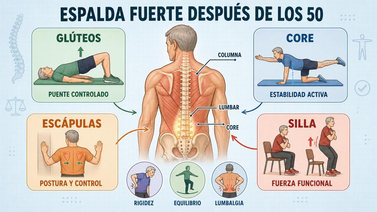 Glúteos, core, escápulas y fuerza funcional sostienen una espalda más estable.