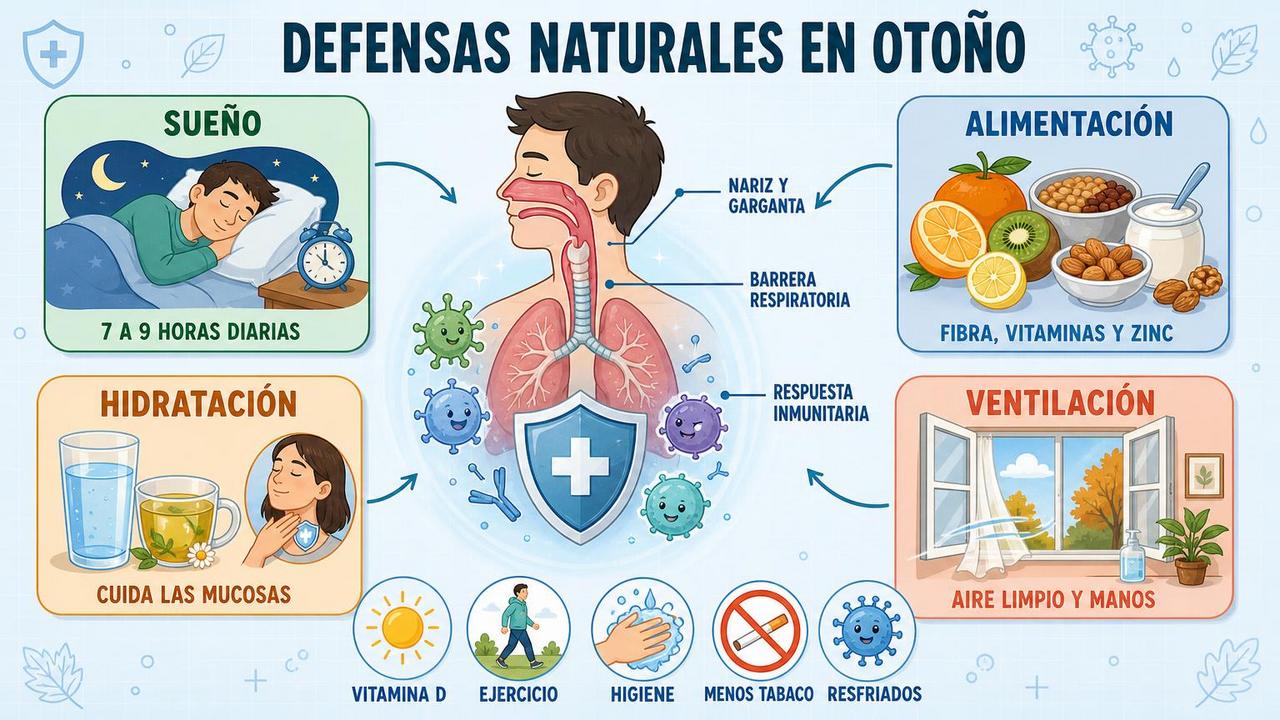 Sueño, alimentación, hidratación y ventilación sostienen las defensas durante el otoño.