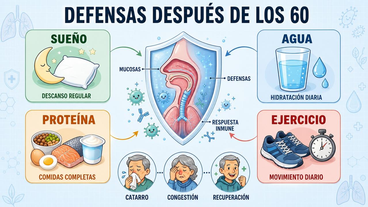 Sueño, agua, proteína y ejercicio sostienen la respuesta inmune tras los 60.