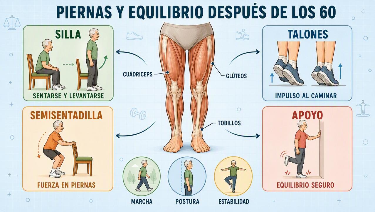 Cuatro ejercicios clave para ganar fuerza funcional y equilibrio después de los 60.