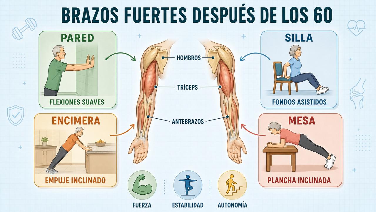 Cuatro ejercicios clave para fortalecer brazos y ganar estabilidad en casa.