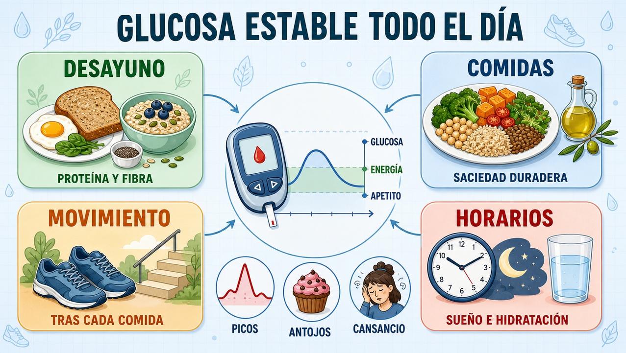 Desayuno, comidas, movimiento y horarios sostienen una glucosa más estable.