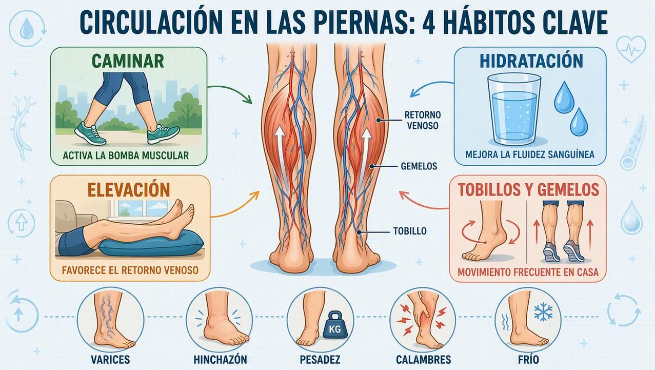 Caminar, hidratarse, elevar las piernas y mover tobillos mejoran el retorno venoso.
