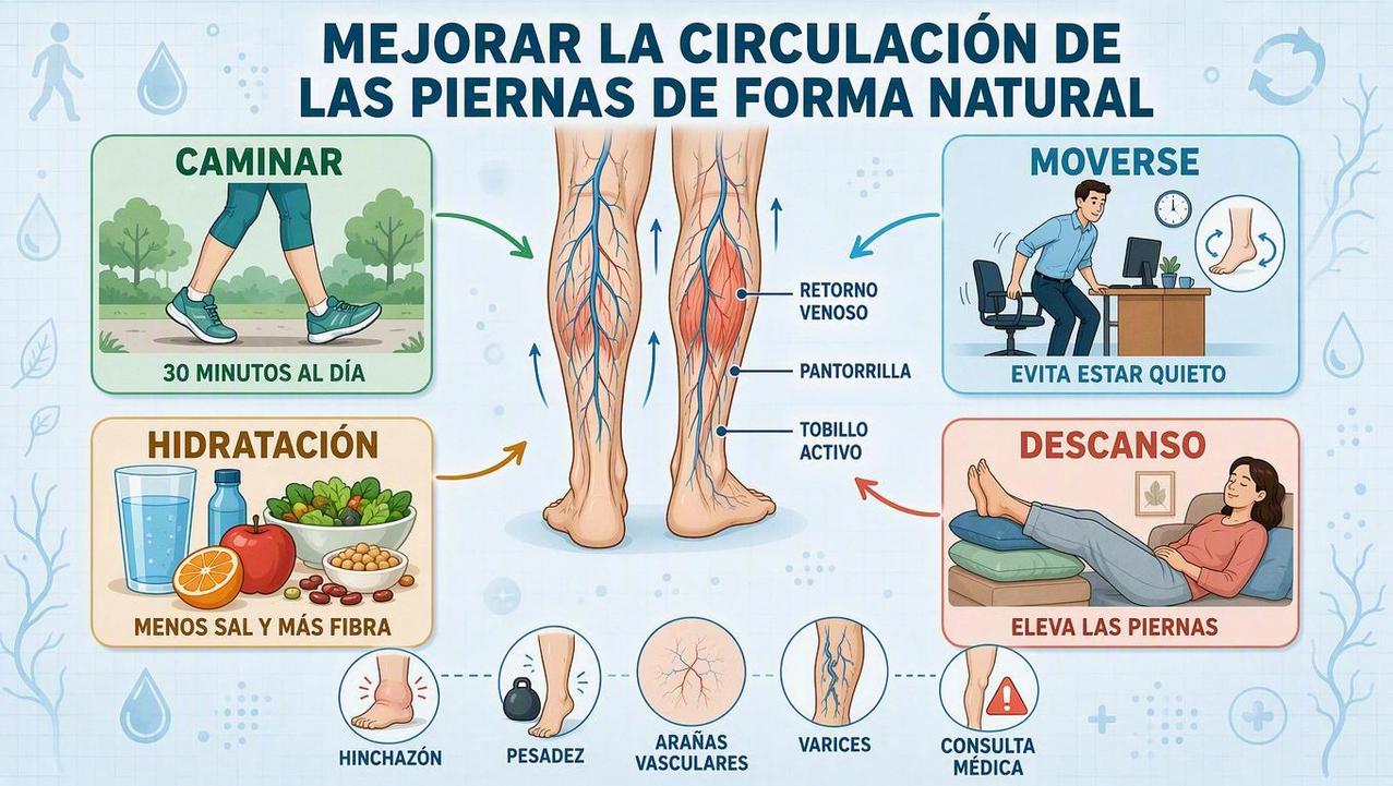 Movimiento, hidratación, dieta y descanso alivian la sobrecarga venosa diaria.