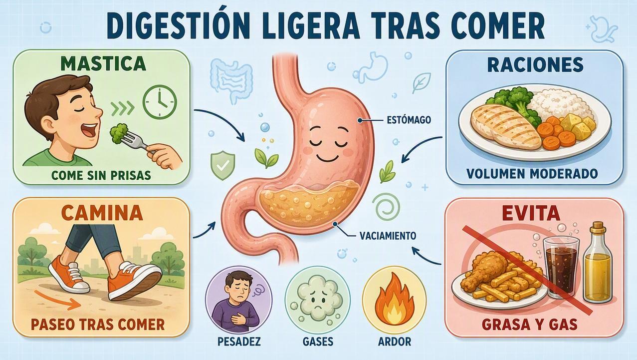 Masticar mejor, moderar raciones, caminar y evitar desencadenantes ayuda al estómago.